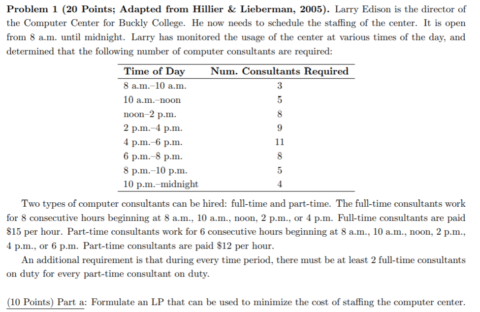 Problem 1 (20 Points; Adapted from Hillier &