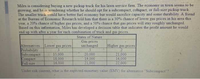 1 Miles is considering buying a new pickup truck