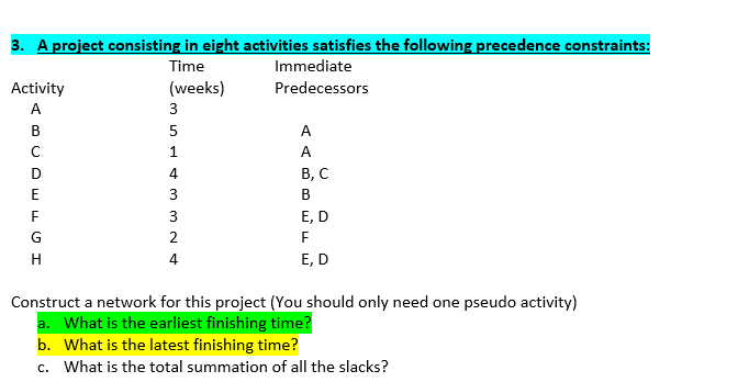 3. A project consisting in eight activities