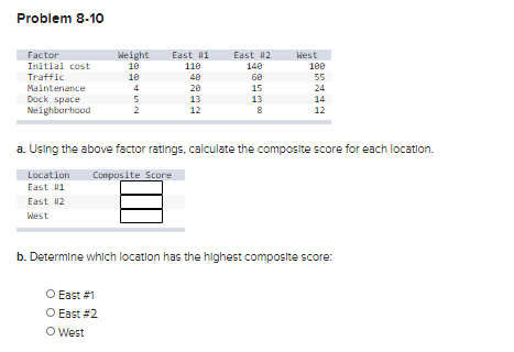 Problem 8-10 Weight East 11 110 Factor Initial