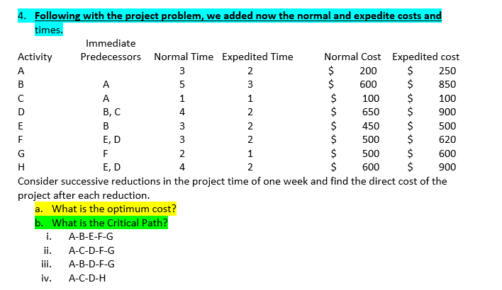 3. A project consisting in eight activities