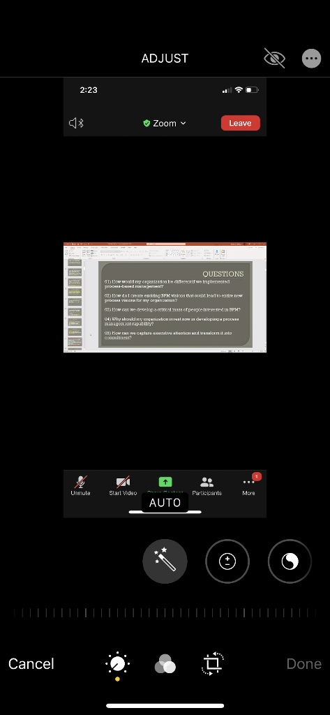 ADJUST 2:23 Zoom Leave QUESTIONS O Bow would my