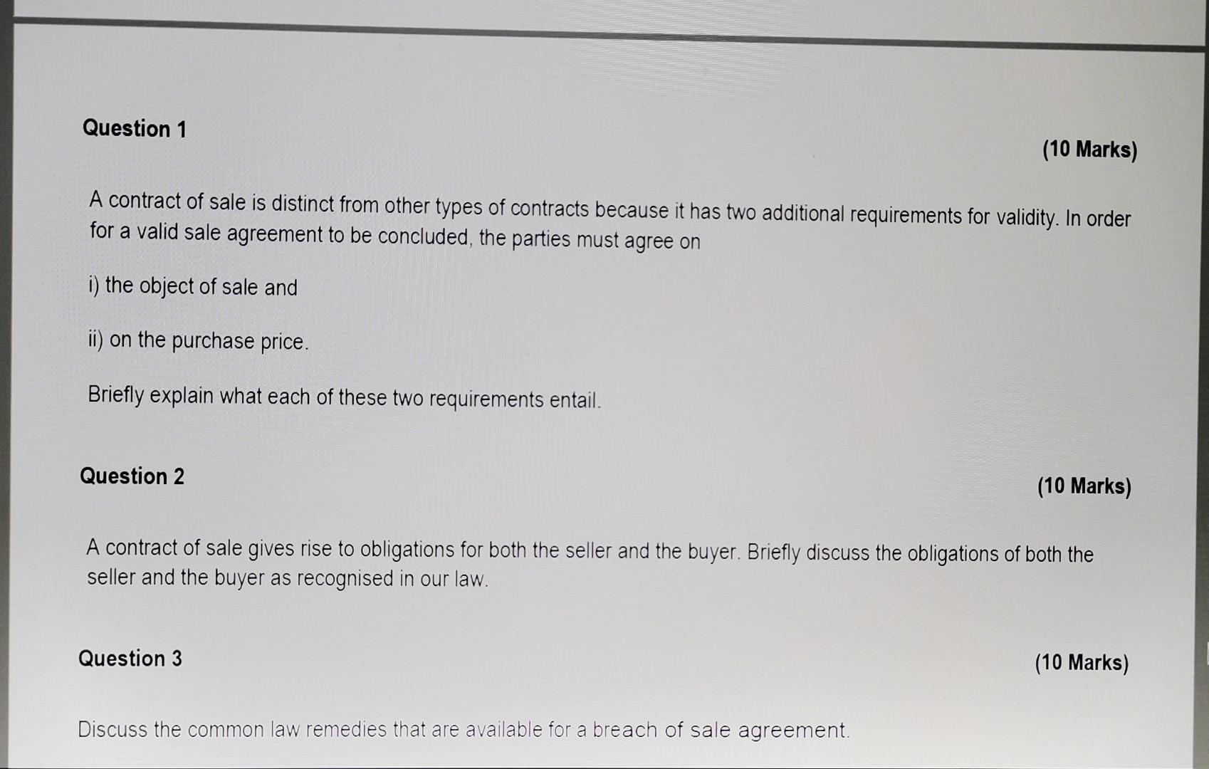 Question 1 (10 Marks) A contract of sale is