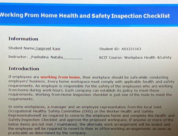 Working From Home Health and Safety Inspection