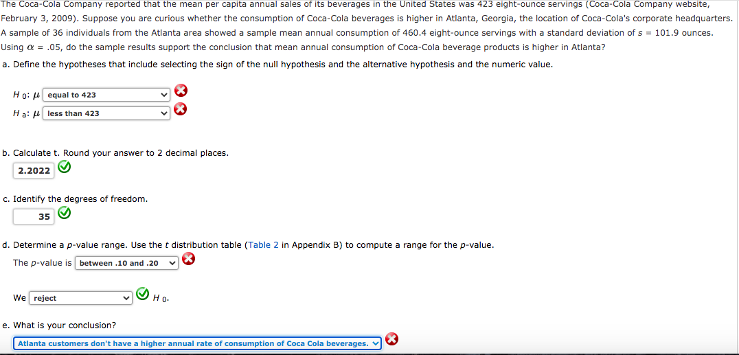 The Coca-Cola Company reported that the mean per
