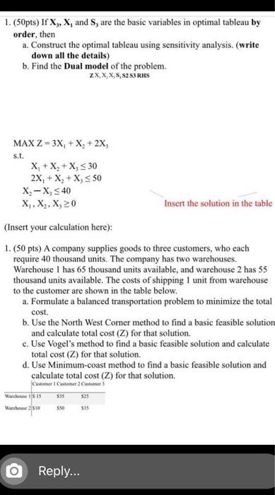1. (50pts) If X3, X, and S, are the basic