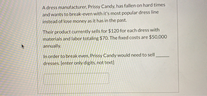 A dress manufacturer, Prissy Candy, has fallen on