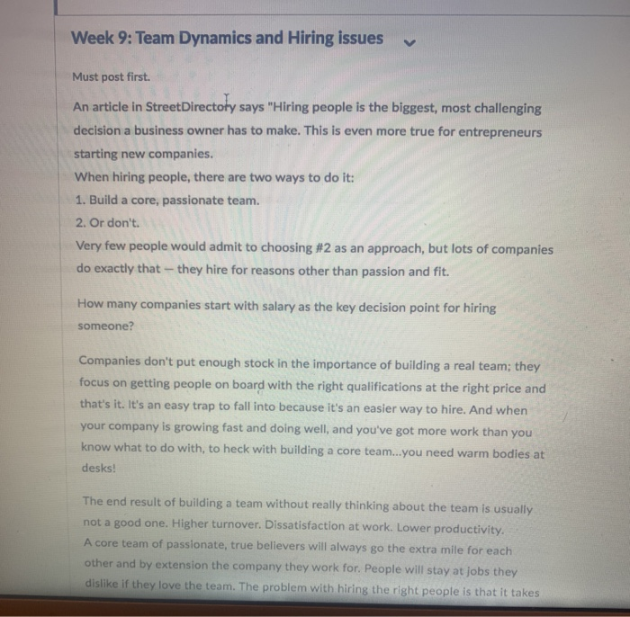 Week 9: Team Dynamics and Hiring issues Must post