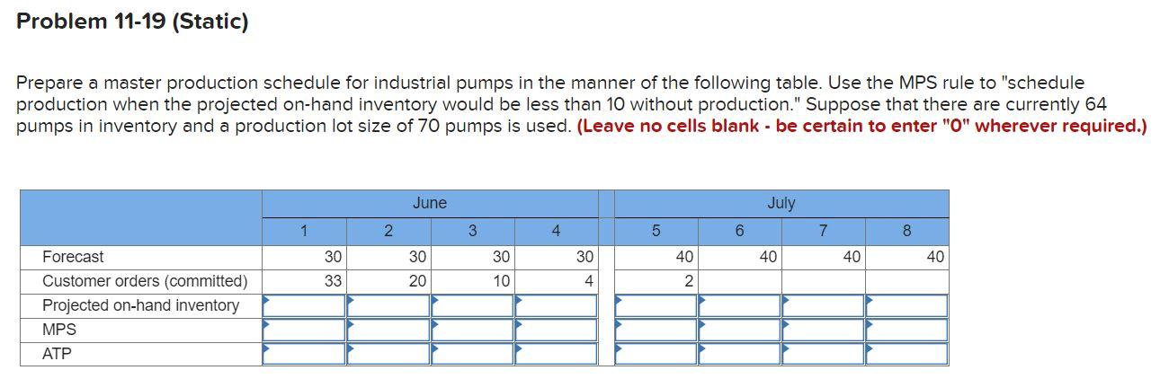 Problem 11-19 (Static) Prepare a master