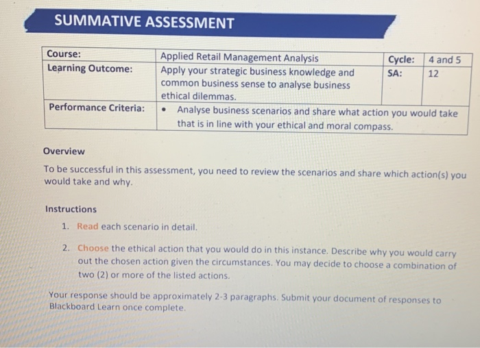 SUMMATIVE ASSESSMENT Course: Learning Outcome: