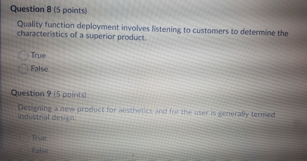 Question 8 (5 points) Quality function deployment