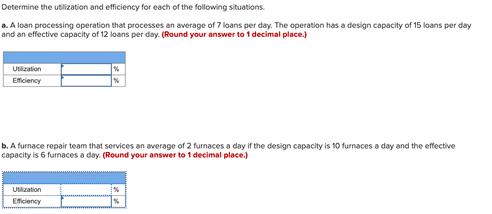 Determine the utilization and efficiency for each