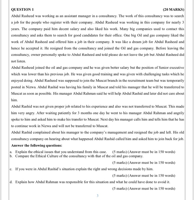 QUESTION 1 (20 MARKS) Abdul Rasheed was working