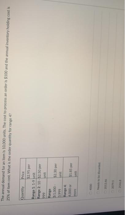 The annual demand for an item is 10,000 units.