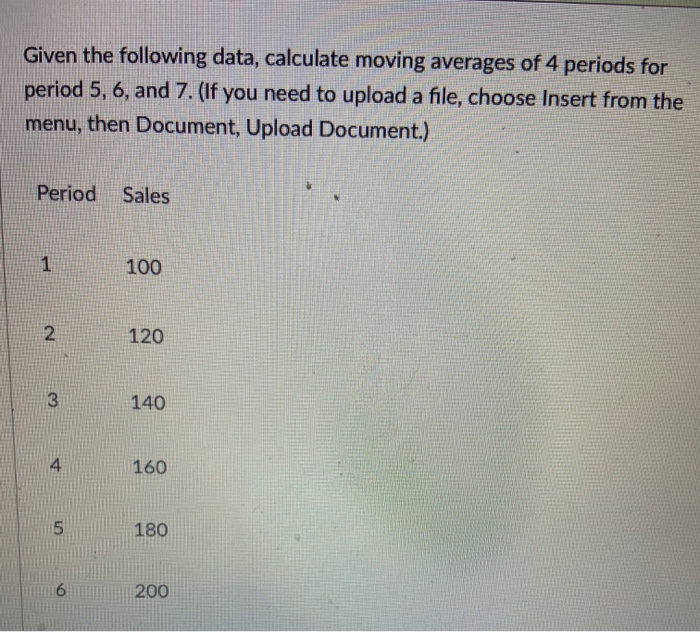 Given the following data, calculate moving
