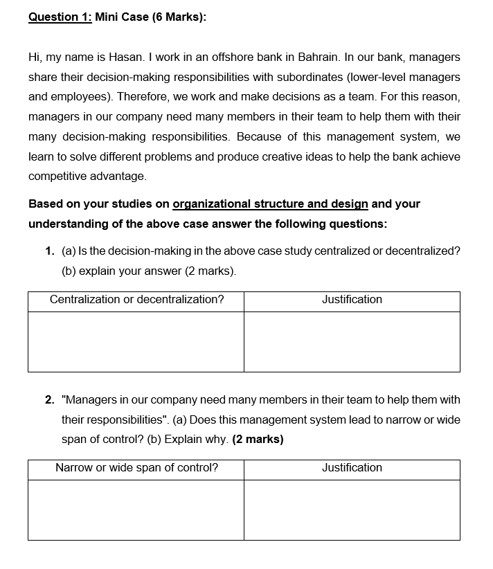 Question 1: Mini Case (6 Marks): Hi, my name is