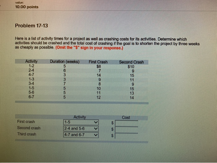 value: 10.00 points Problem 17-13 Here is a list