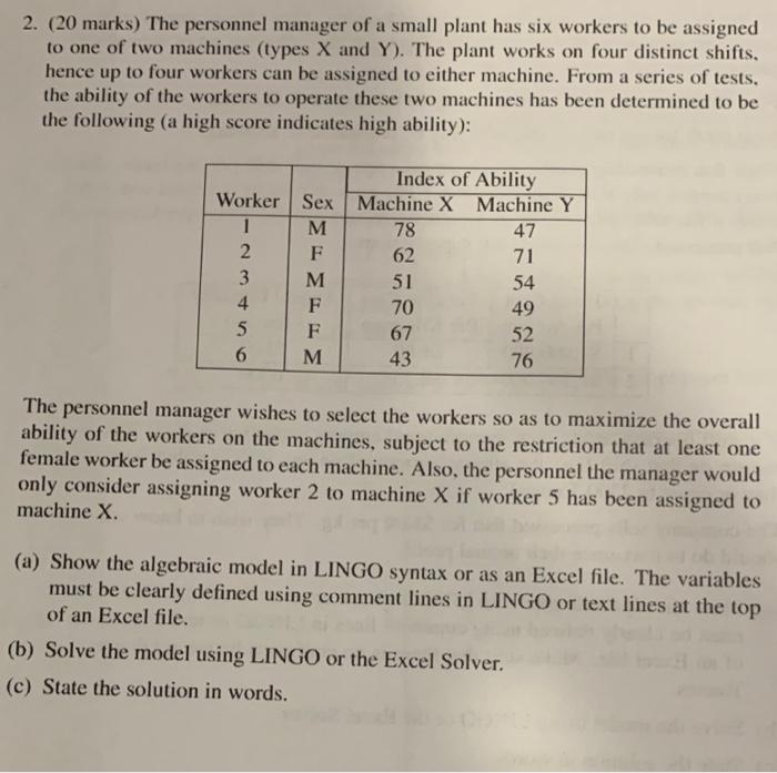 2. (20 marks) The personnel manager of a small