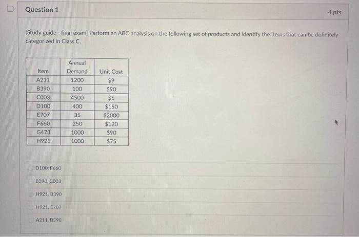 Question 1 4 pts [Study guide -final exam Perform