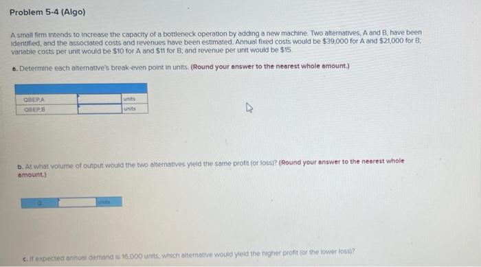 Problem 5-4 (Algo) A small firm Intends to