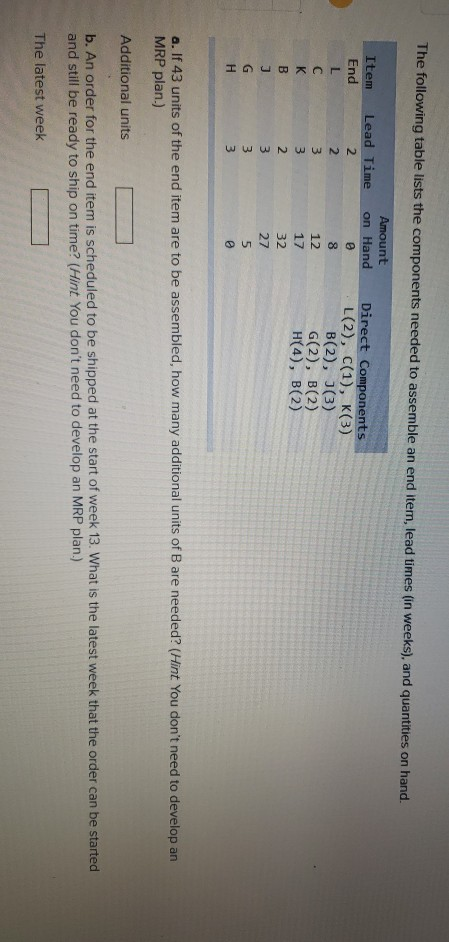 please label answers The following table lists