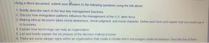 Using a Word document, submit your ahswers to the