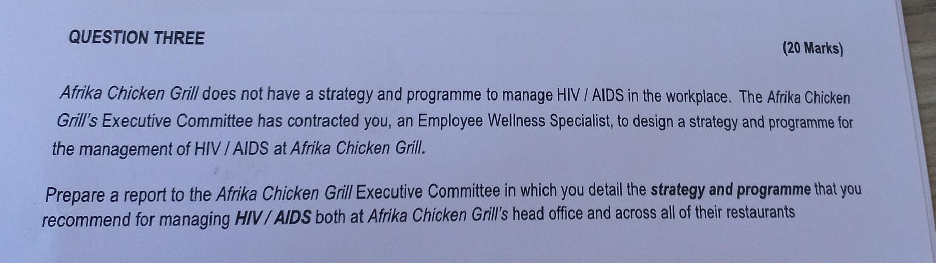 QUESTION THREE (20 Marks) Afrika Chicken Grill