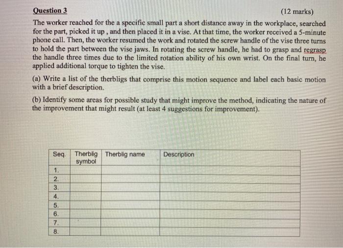 Question 3 (12 marks) The worker reached for the