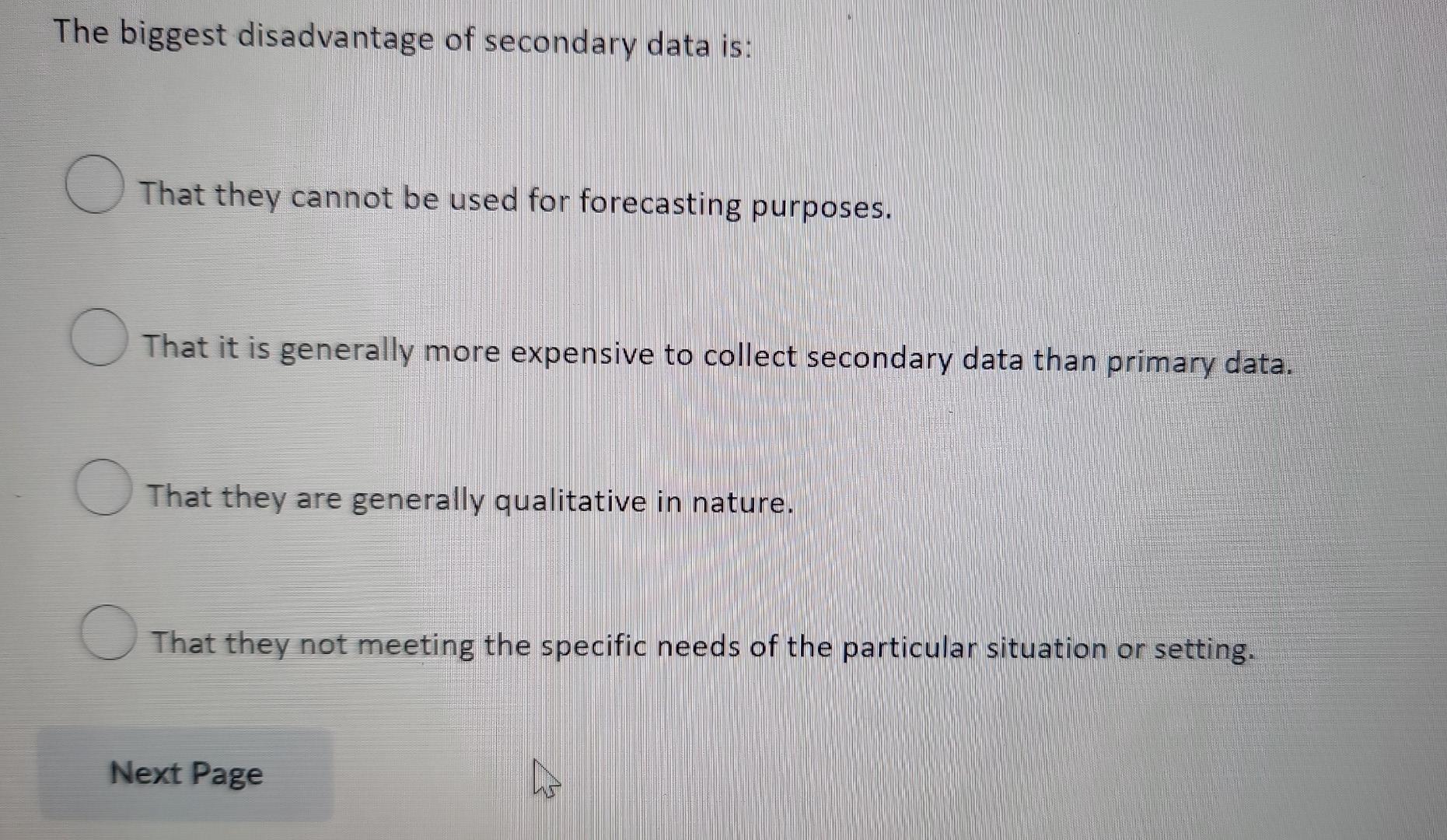 The biggest disadvantage of secondary data is: