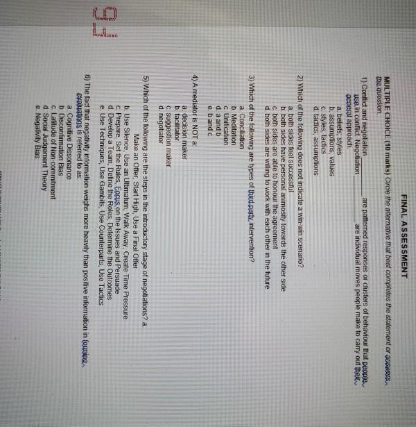 FINAL ASSESSMENT MULTIPLE CHOICE (10 marks)