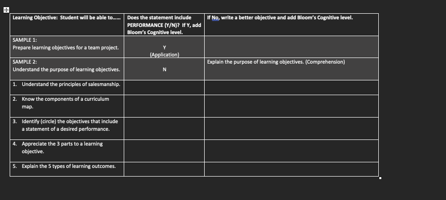Instructions 1-5: For each objective statement,