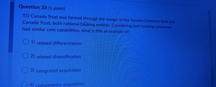 Question 33 (1 point) TD Canada Trust was formed