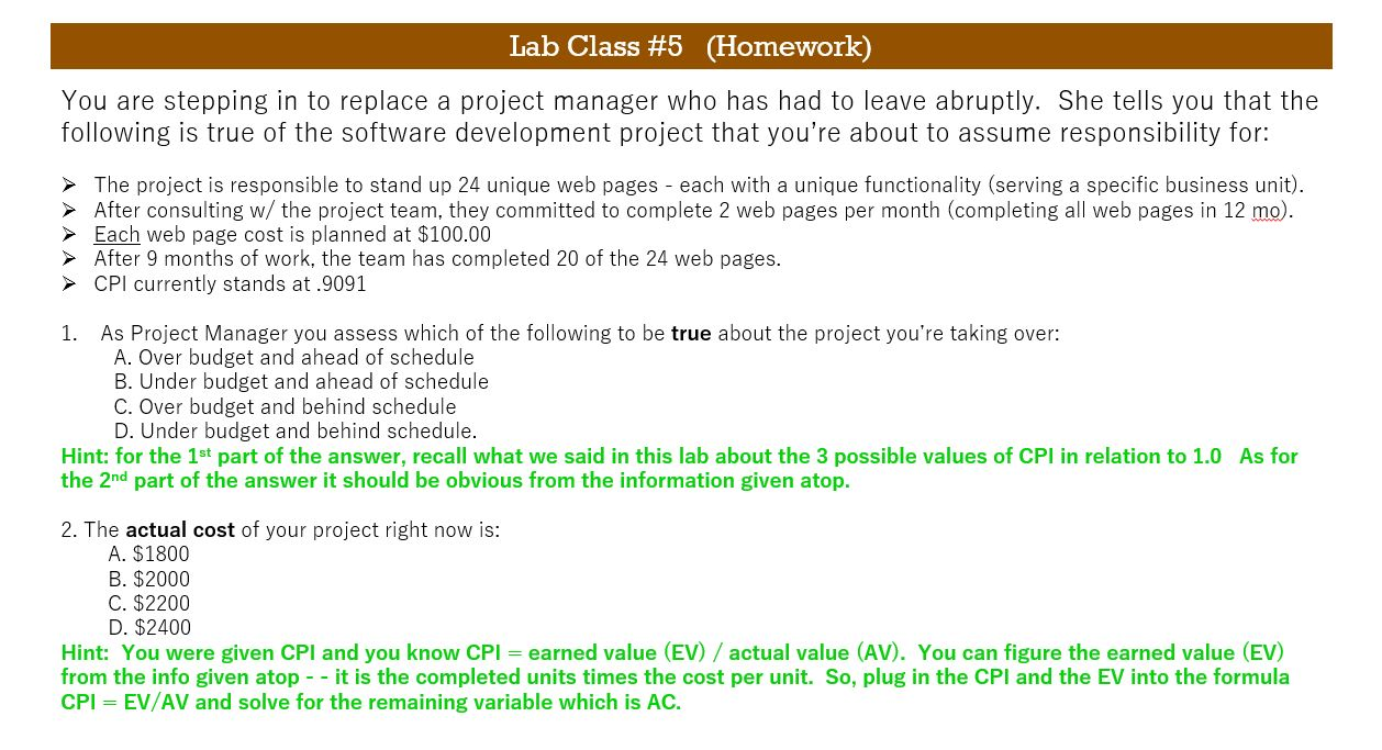 Lab Class #5 (Homework) You are stepping in to