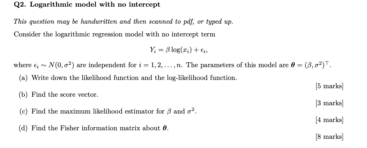 Q2. Logarithmic model with no intercept This