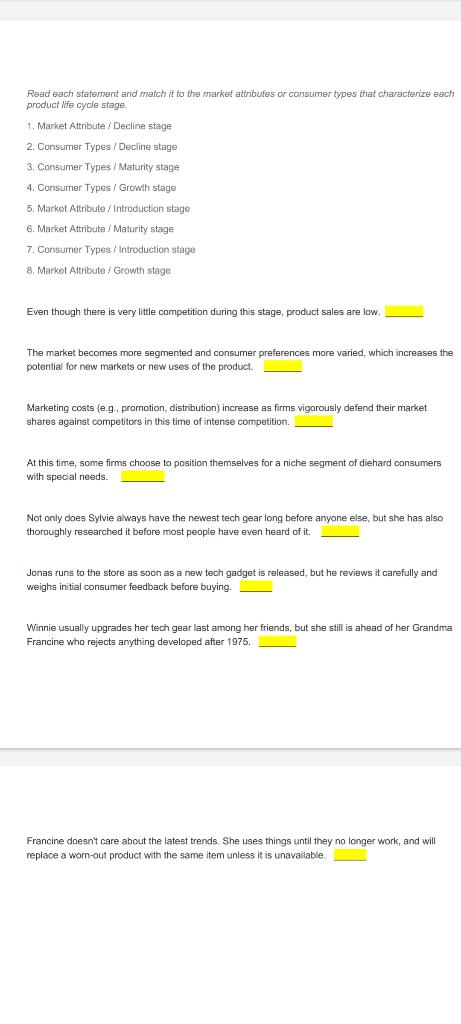 Read each statement and match it to the market