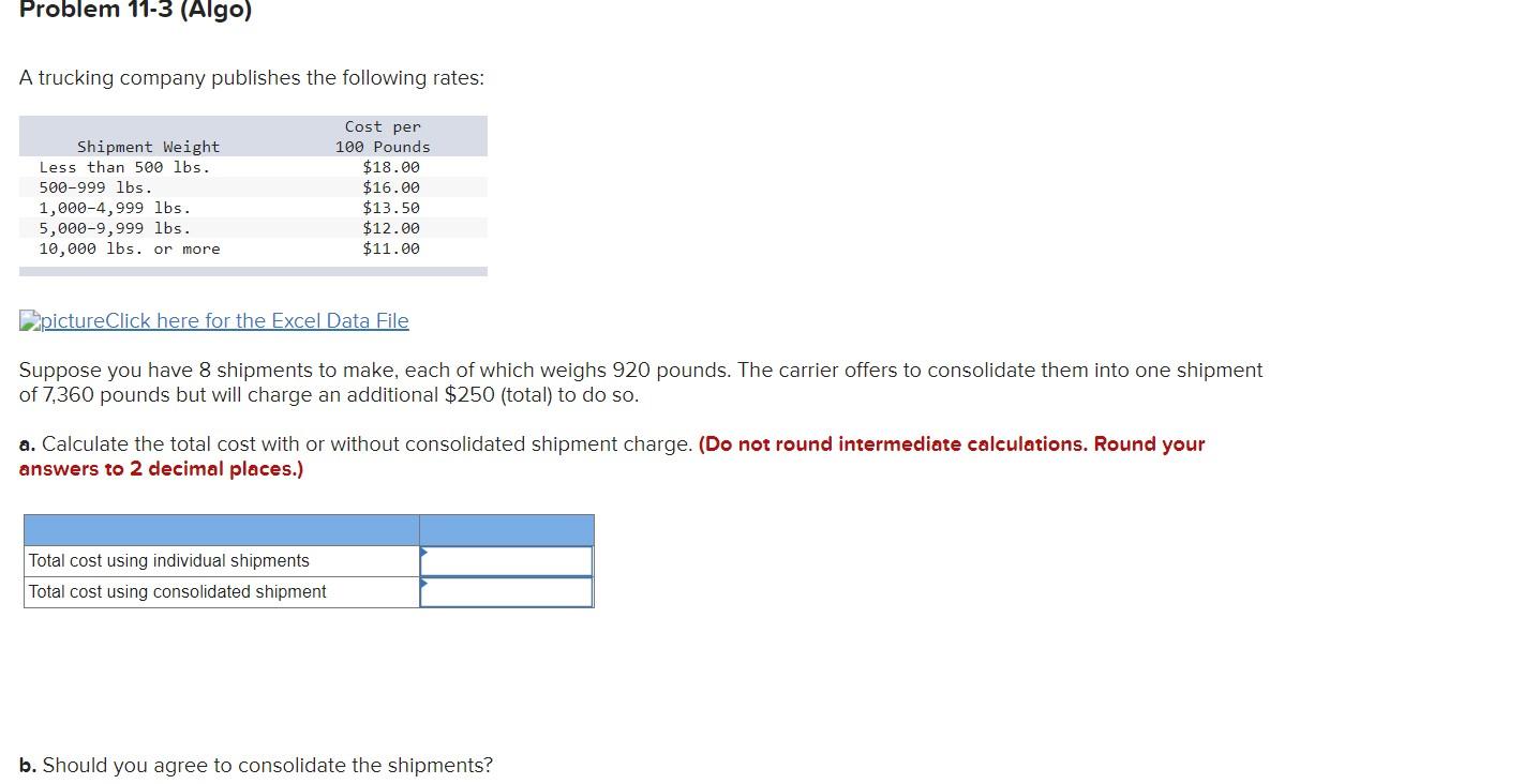 Problem 11-3 (Algo) A trucking company publishes
