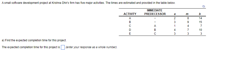 a) Find the expected completion time for this