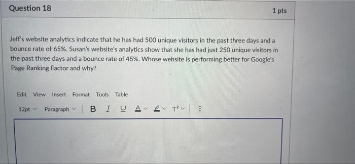 Question 18 1 pts Jeff's website analytics
