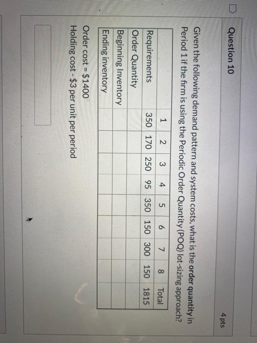 Question 10 4 pts Given the following demand