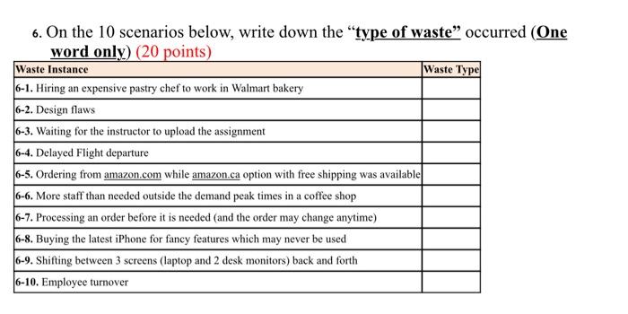 6. On the 10 scenarios below, write down the type