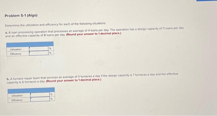 Determine the utilization and efficiency for each