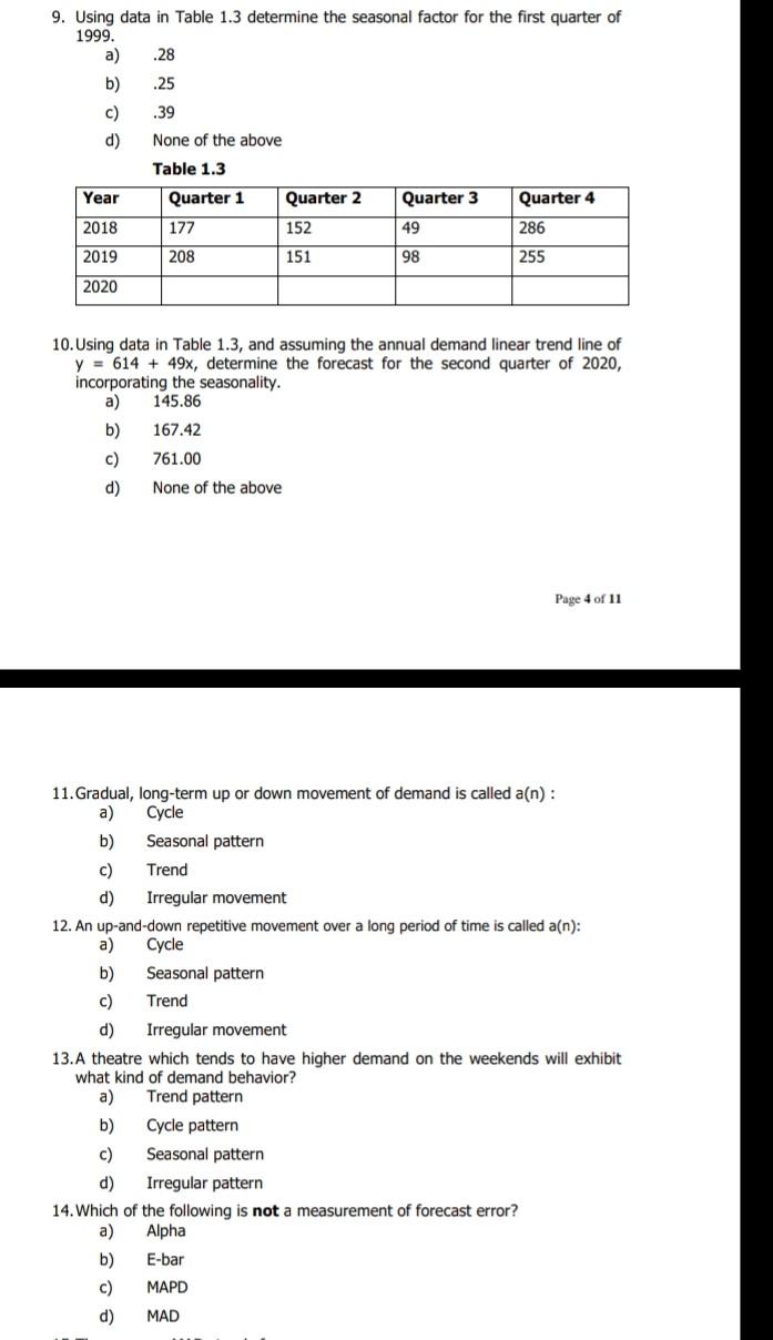 1. Using the data in Table 1.1, what is the