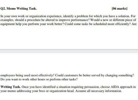 Q2. Memo Writing Task. [06 marks] In your own