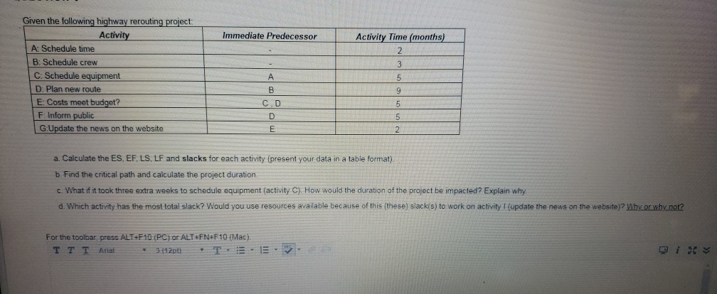 Immediate Predecessor Activity Time (months) 2 3