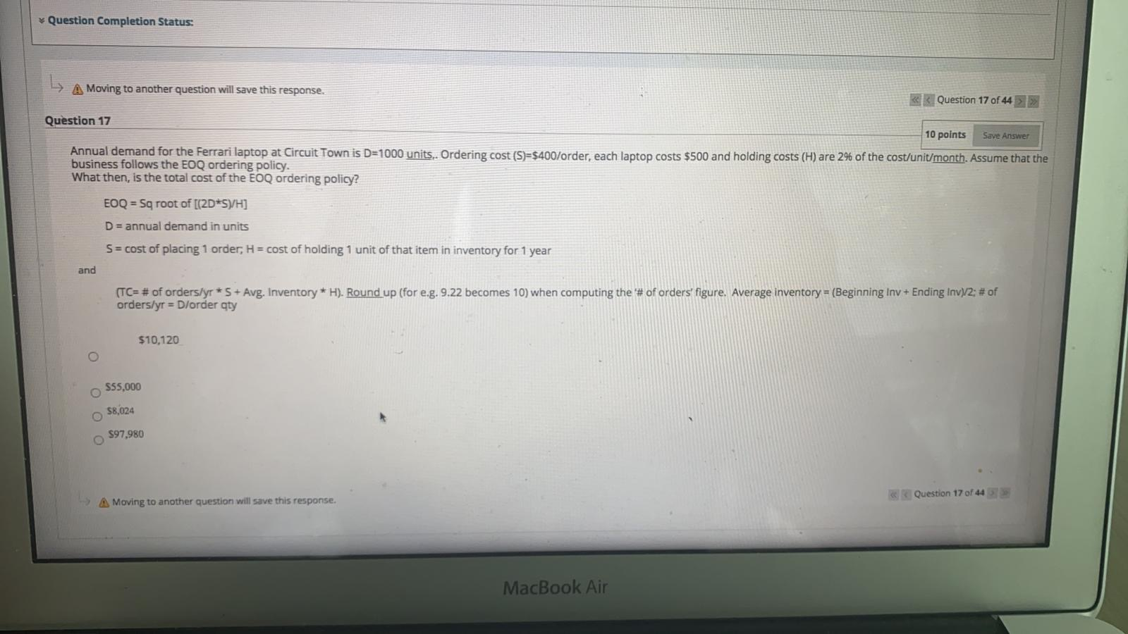 Question Completion Status: A Moving to another