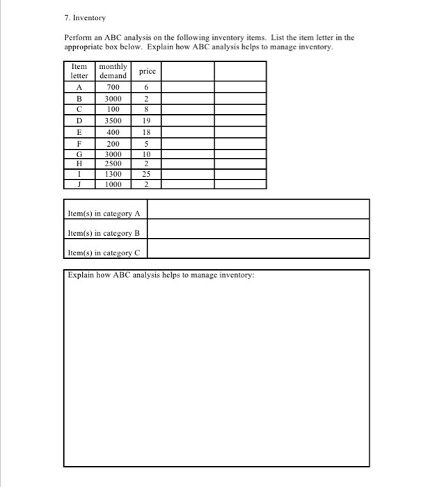 please show all calculations 7. Inventory Perform