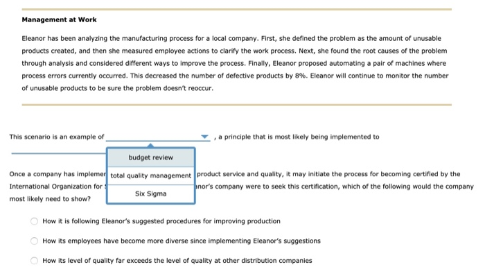Management at Work Eleanor has been analyzing the
