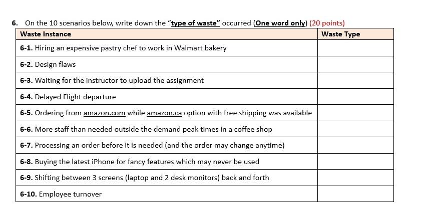 6. On the 10 scenarios below, write down the