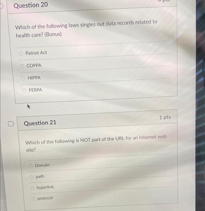 D Question 20 Which of the following laws singles