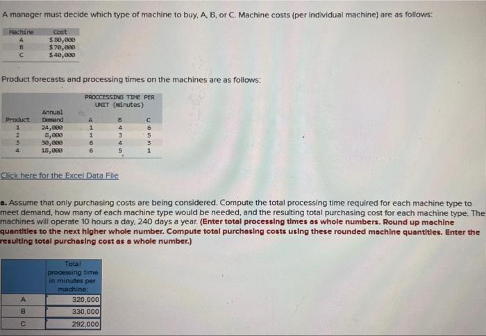Excel Data File Machine Cost A $80,000 B $70,000